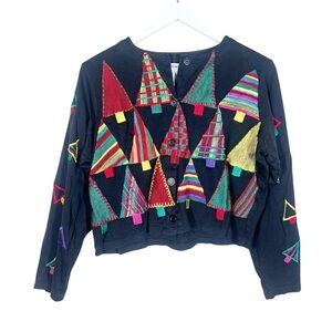 Michael Simon Lite Womems Black Christmas Tree Button Front Cotton Cardigan